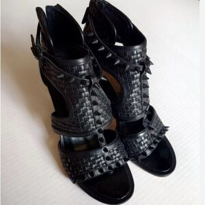BCBG Maxazria Black Woven Leather & Spike 8.5 Heels.